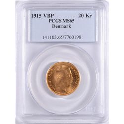 1915 DENMARK VBP 20 KRONER GOLD PCGS MS-65