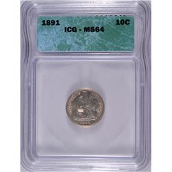 1891 SEATED DIME ICG MS-64