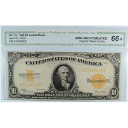 1922 $10 GOLD CERTIFICATE CGA 66 (STAR) RARE