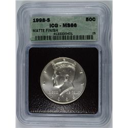 1998-S (MATTE PROOF) KENNEDY HALF DOLLAR ICG MS-66 (RARE)