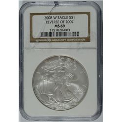 2008-W (REV OF 2007) SILVER AMERICAN EAGLE NGC MS-69 (CRACKED CASE) RARE !!!