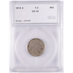 1913-S TYPE-2 BUFFALO NICKEL, SEGS VG-10   KEY!