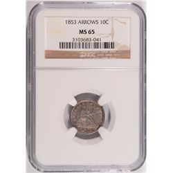 1853 ARROWS SEATED DIME NGC MS65 GEM SUPER COLORS! RARE!