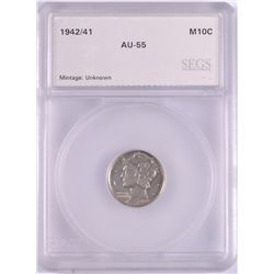 1942/1 MERCURY DIME SEGS AU 55 KEY OVER DATE, ACCURATELY GRADED