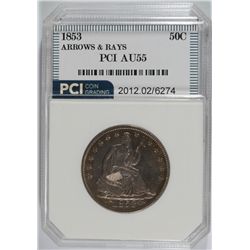 1853 SEATED LIBERTY QUARTER, PCGS AU-55  ARROWS AND RAYS