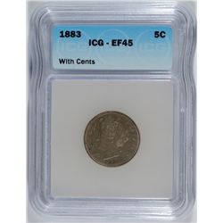 1883 LIBERTY NICKEL, WITH CENTS, ICG EF-45