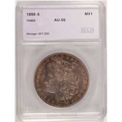 1888-S MORGAN SILVER DOLLAR, SEGS AU-55 COLOR!