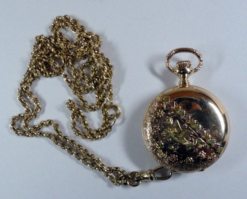 Fancy 14 K Gold Elgin Ladies Pocket Watch With 14 K Gold Chain