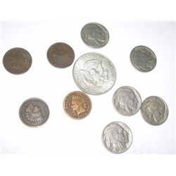 10 TOTAL MIXED U.S. COINS INCLUDES KENNEDY SILVER HALF DOLLAR/INDIAN HEAD CENTS & BUFFALO NICKELS!!