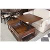 Image 2 : CHERRY COFFEE TABLE ON WHEELS.  TABLE HAS HINGED TOP FOR EASY REACH
