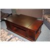 Image 1 : DARK WOOD COFFEE TABLE ON WHEELS  WITH HINGED TOP