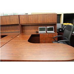 DARK CHERRY U-SHAPED EXECUTIVE SUITE WITH: DESK, CREDENZA, 4 DOOR HUTCH AND BRIDGE