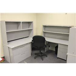GREY 7 PIECE CORNER STATION DESK WITH 2 HUTCH, MOBILE PEDESTAL, CHAIR AND 2 DRAWER FILE CABINET