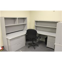 GREY 7 PIECE CORNER STATION DESK WITH 2 HUTCH, MOBILE PEDESTAL, CHAIR AND 2 DRAWER FILE CABINET