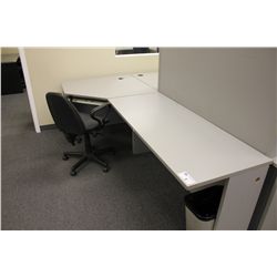 GREY 5 PIECE CORNER STATION DESK WITH HUTCH AND CHAIR