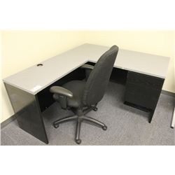 GREY AND BLACK CORNER OFFICE DESK WITH CHAIR