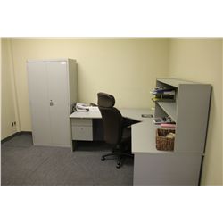 CONTENTS OF OFFICE INCLUDING: CORNER DESK WITH HUTCH, OAK DESK, FIRE FILE AND METAL CABINET