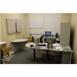 CONTENTS OF IT OFFICE INCLUDING: GREY U-SHAPED DESK, PRESENTATION BOARD, SIDE TABLE,