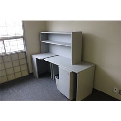 CONTENTS OF BACK OFFICE INCLUDING: L-SHAPED DESK, SIDE DESK, HUTCH, PEDESTAL AND 2 CHAIRS