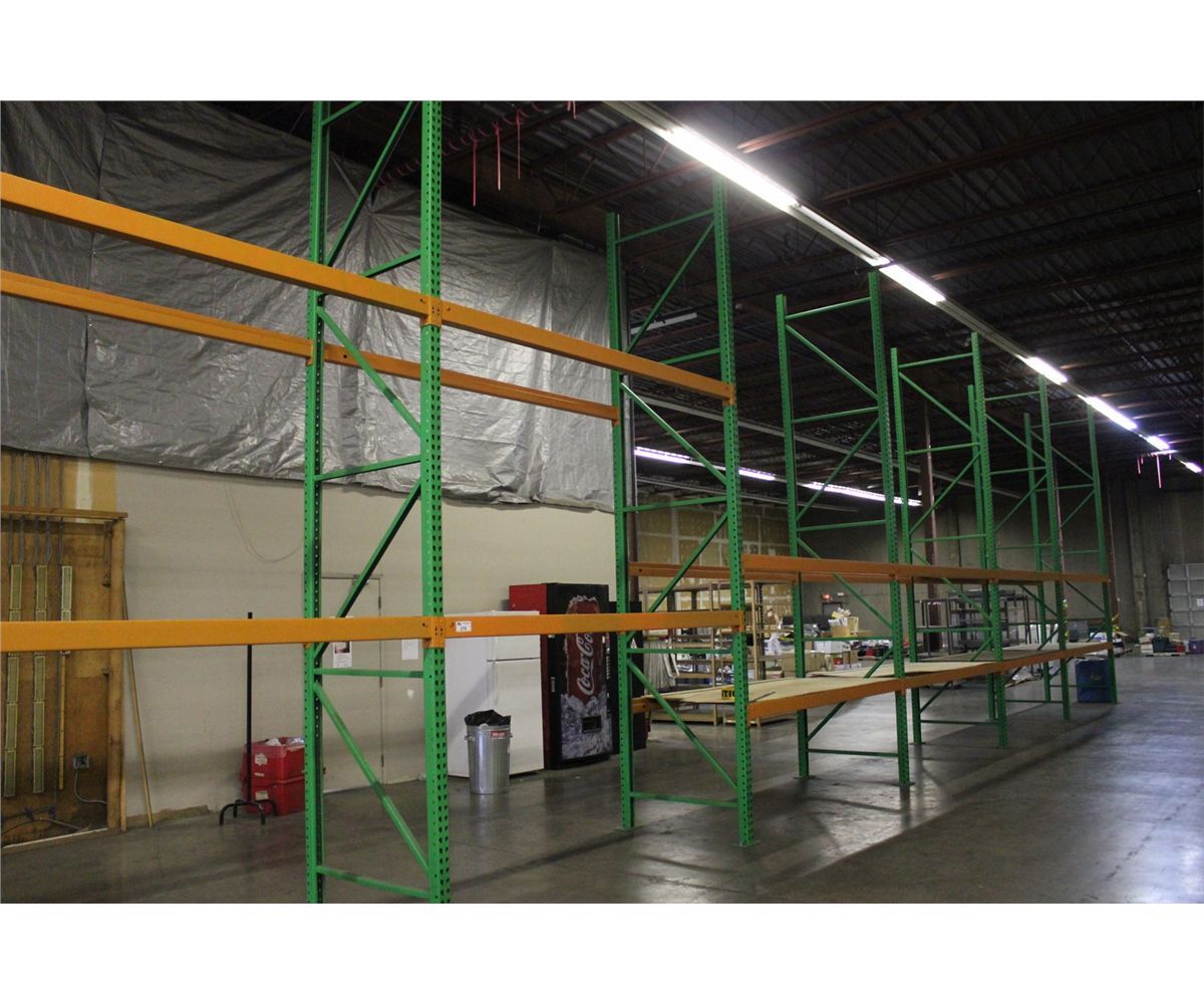 GREEN AND ORANGE 16' HEAVY DUTY INDUSTRIAL PALLET RACKING