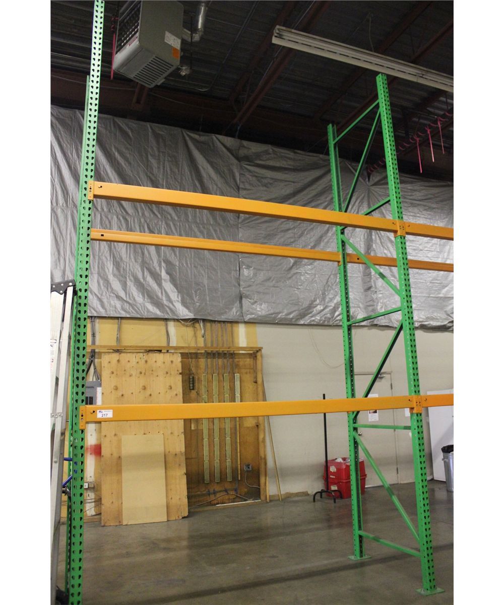 GREEN AND ORANGE 16' HEAVY DUTY INDUSTRIAL PALLET RACKING