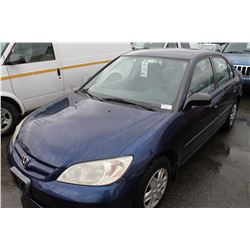 2005 HONDA CIVIC SPECIAL EDITION, 4 DOOR SEDAN, BLUE, VIN # 2HGES16375H007569