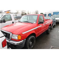 2004 FORD RANGER XLT, 2 DOOR PU, RED, VIN # 1FTZR11E14PA36645