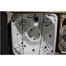 MERMAID SPA 7 PERSON HOT TUB, STERLING SILVER INTERIOR, COASTAL GREY CABINET, OZONE, 2 PUMPS -