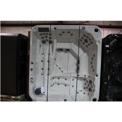 MERMAID 5 PERSON HOT TUB, STERLING SILVER INTERIOR, BROWN CABINET, BISTRO TABLE, OZONE, 2 PUMPS -