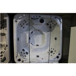 MERMAID 7 PERSON HOT TUB, STERLING SILVER INTERIOR, BROWN CABINET, OZONE, 2 PUMPS -