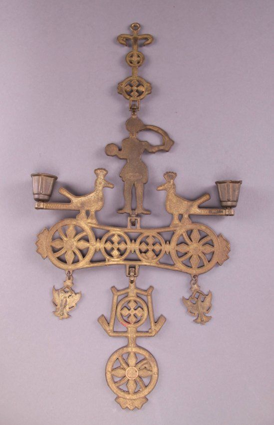 Antique bronze Greek Smaltotex hanging candle holder.