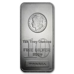 10 OZ .999 PURE SILVER BAR W/MORGAN DOLLAR IMPRINT