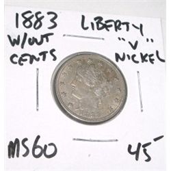 1883 *1ST YEAR* LIBERTY "V" NICKEL *RARE MS-60 HIGH GRADE* RED BOOK VALUE IS $45.00+!! COIN CAME OUT