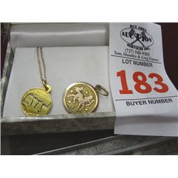 Necklace w/2 Jewish 18 KG/Zodiac 9 KG Signed Pendant