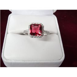 Square Cut London Ruby Ring w/White Topaz Accents - Marked .925