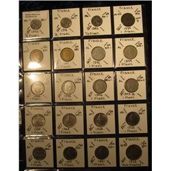 10. Plastic Coin Page containing (20) Coins from France from 1/2 Franc to Two Francs. Dates back to 