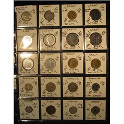 20. Plastic Coin Page containing (20) Coins from Italy, Jamaica, & Japan. KM value $17.20.