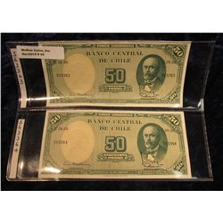 42. Chile Pick No. 64. 50 Peso/5 Centavos Notes 1938-1947. CU. 2 Consecutive notes 563363 thru 56336