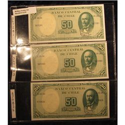 43. Chile Pick No. 64. 50 Peso/5 Centavos Notes 1938-1947. CU. 3 notes 567281, 567283, & 570826. Alb