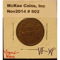 602. 1926 Canada Small Cent. Semi-Key Date. Choice VF-EF.
