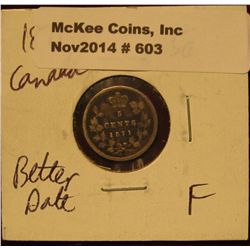 603. 1871 Canada Five Cent Silver. Better Date. F-12. KM value $24.00.