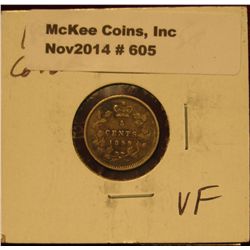 605. 1899 Canada Five Cent Silver. VF. Toned. KM value $12.00.