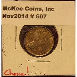 607. 1907 Canada Five Cent Silver. Toned AU.
