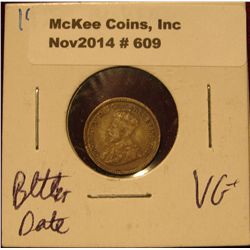 609. 1915 Canada Five Cent Silver. Better Date. VG. KM value $14.00.