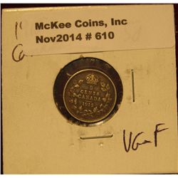 610. 1915 Canada Five Cent Silver. Better Date. VG-F. KM value $14-20.00.