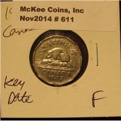 611. 1947 Dot Canada Nickel. Key date. F-12. KM value $22.00.