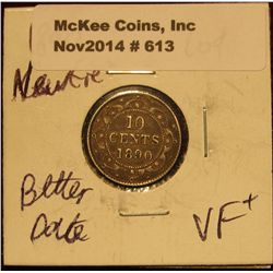 613. 1890 Nefoundland Dime. Better date. VF+. Toned. KM Catalog $45.00.