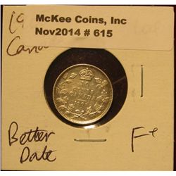 615. 1905 Canada Dime. Better date. F+. KM Catalog value is $27.50.