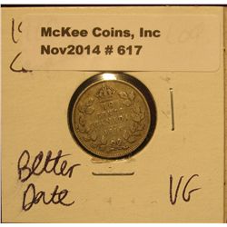 617. 1915 Canada Dime. Better date. VG.