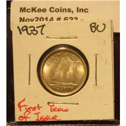 623. 1937 Canada Dime. Golden toned MS 63. First Year Type.